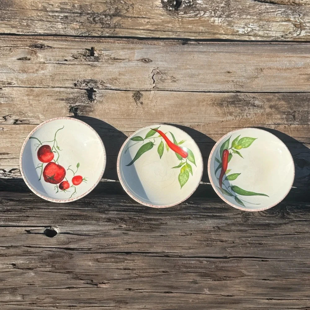 3 CRATE BARREL Red Chili Pepper Tomato Pottery Salsa Appetizer Bowl Portugal 6”